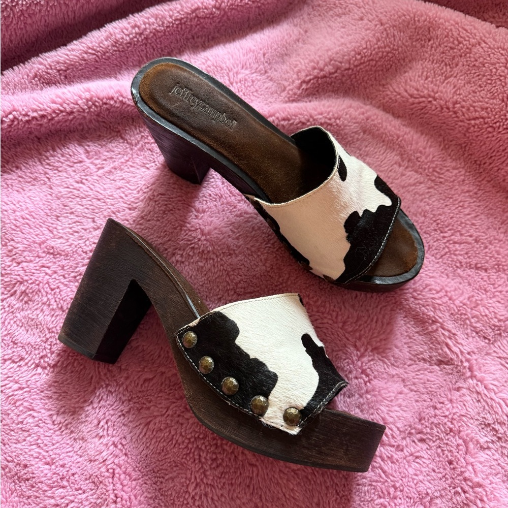 JEFFREY CAMPBELL CALF HAIR WOOD COW PRINT CLOGS SIZE 8 REVOLVE - Picture 5 of 10